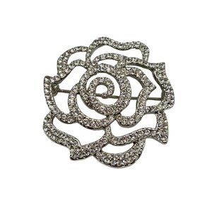 Vintage Rhinestone Pave Rose Flower Pin Brooch Silver Tone Metal Openwork Design